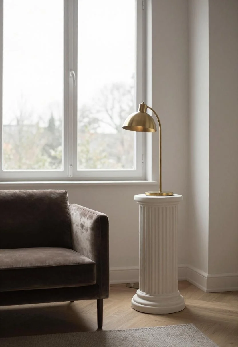 Neo Deco cream white fluted plaster pedestal beside a velvet armchair with an arching brass lamp