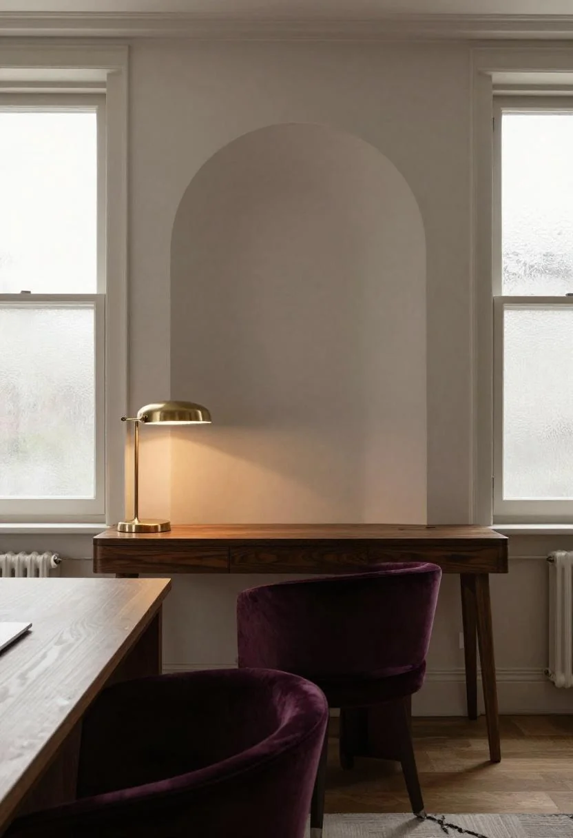 Neo Deco office corner with brass lamp and plum velvet chair inside an arched plaster niche
