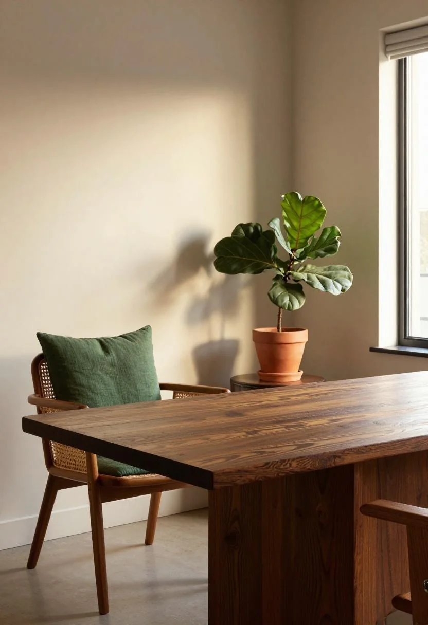 Afrohemian office with carved ebony desk, jade mudcloth cushion, and warm golden hour light