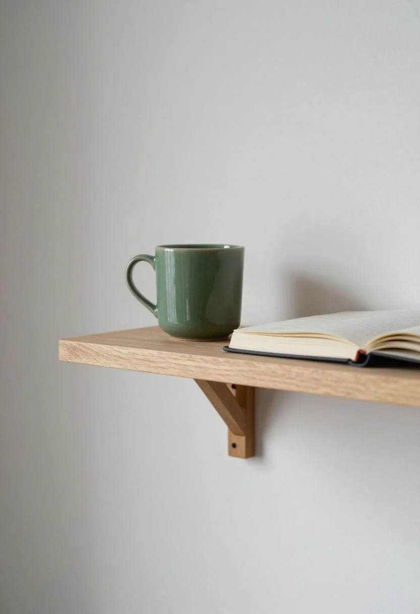 Minimalist birch shelf with wasabi ceramic mug and open notebook in clean spring light