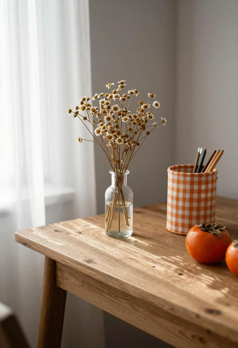 Cottagecore reclaimed pine desk with persimmon gingham accents and dried chamomile stems
