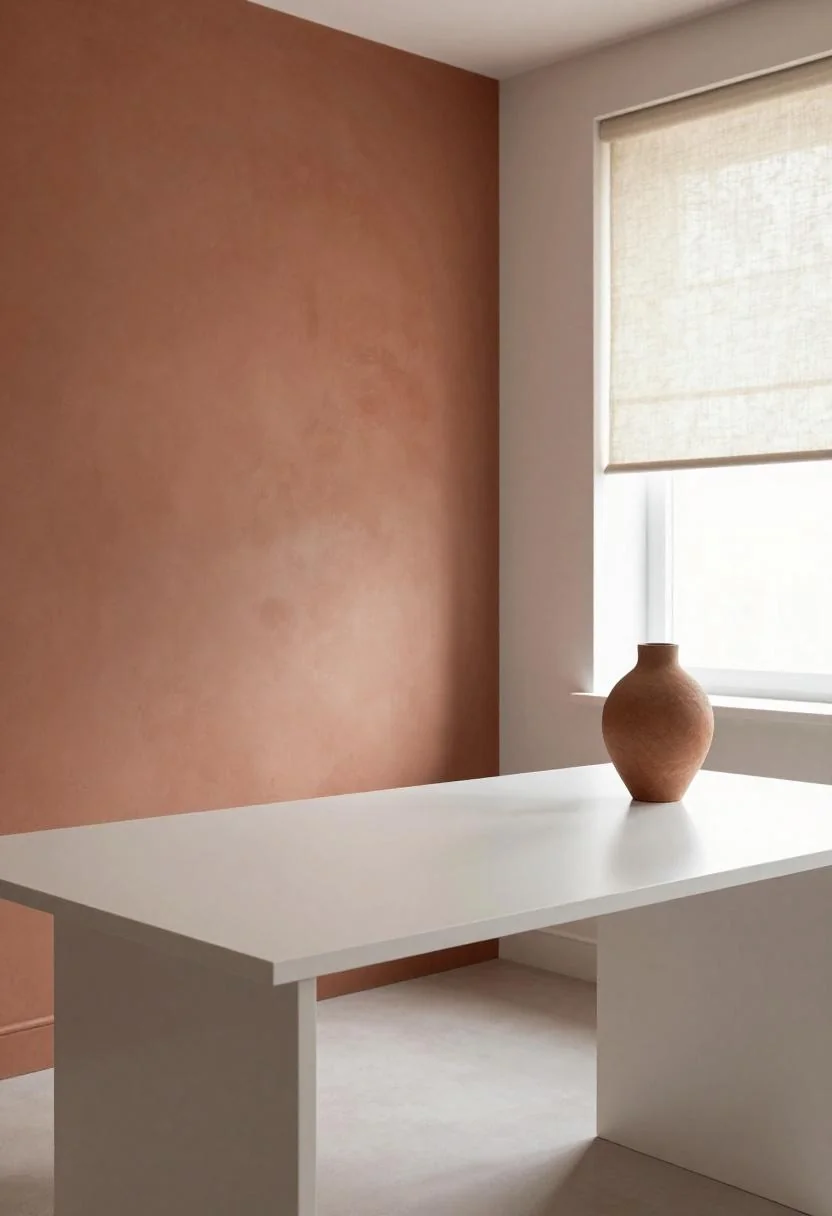 Minimalist office with terracotta accent wall, white lacquer desk, and sculptural clay vase
