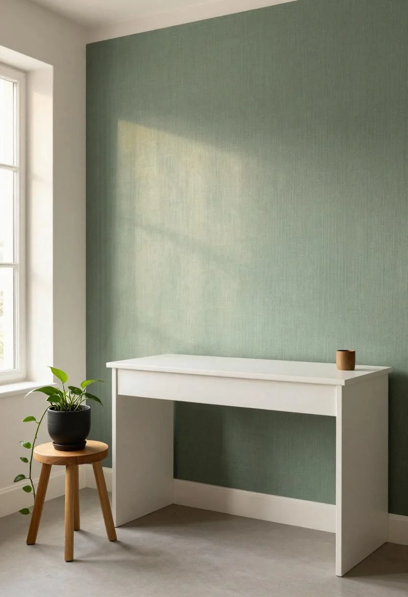 Sage linen wall panel and trailing pothos on a wooden stool anchor a minimal-maximalist spring office