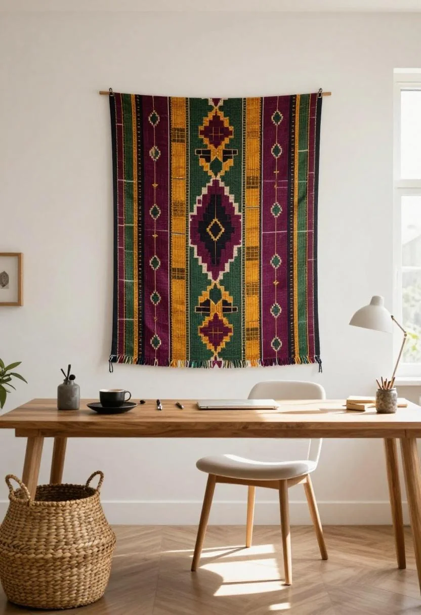 Afrohemian office with kente-inspired plum textile wall art above a teak desk and seagrass storage