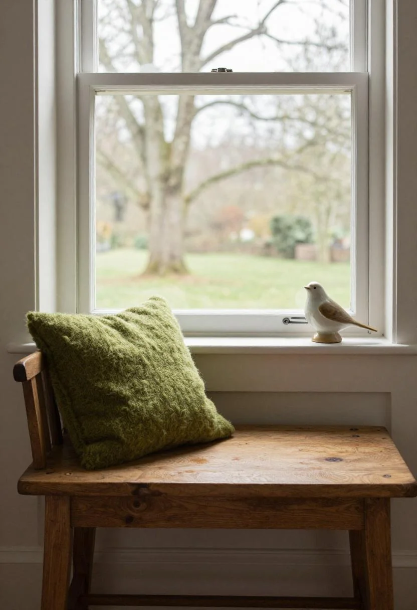 Cottagecore window nook with wasabi wool throw and ceramic bird figurine in soft spring daylight