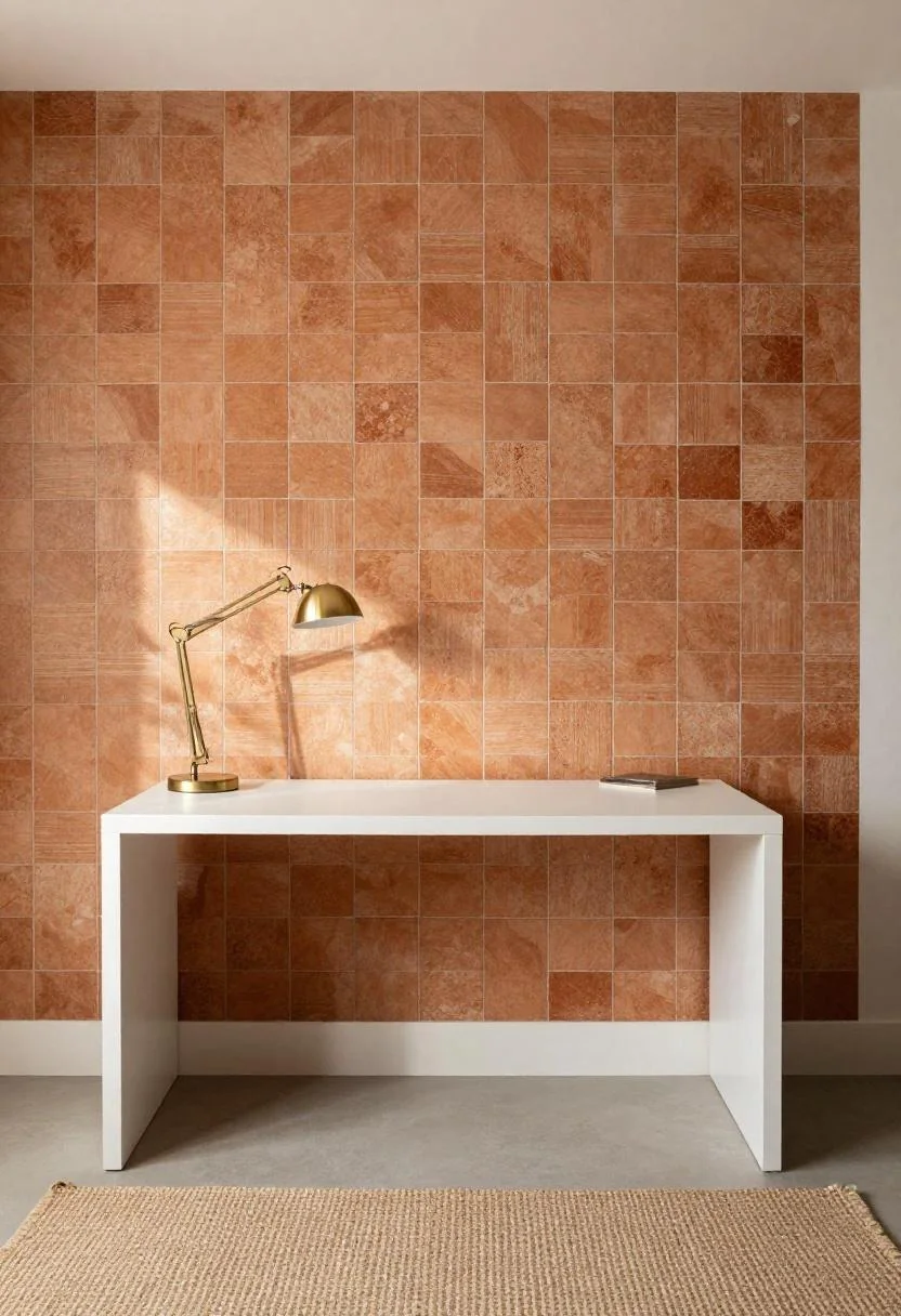 Zellige terracotta feature wall behind a white floating desk with brass task lamp and jute rug