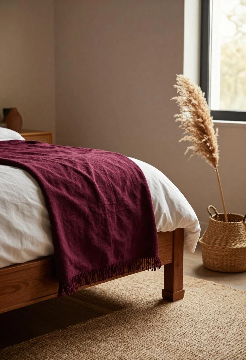 Afrohemian bedroom corner with plum noir mudcloth throw over a carved mahogany bed frame