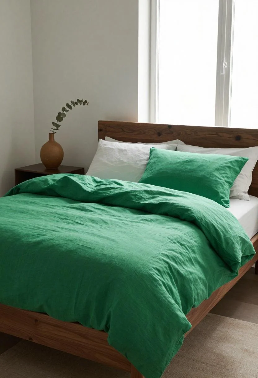 Bold color bedroom with jade green linen duvet on a walnut platform bed and eucalyptus accent
