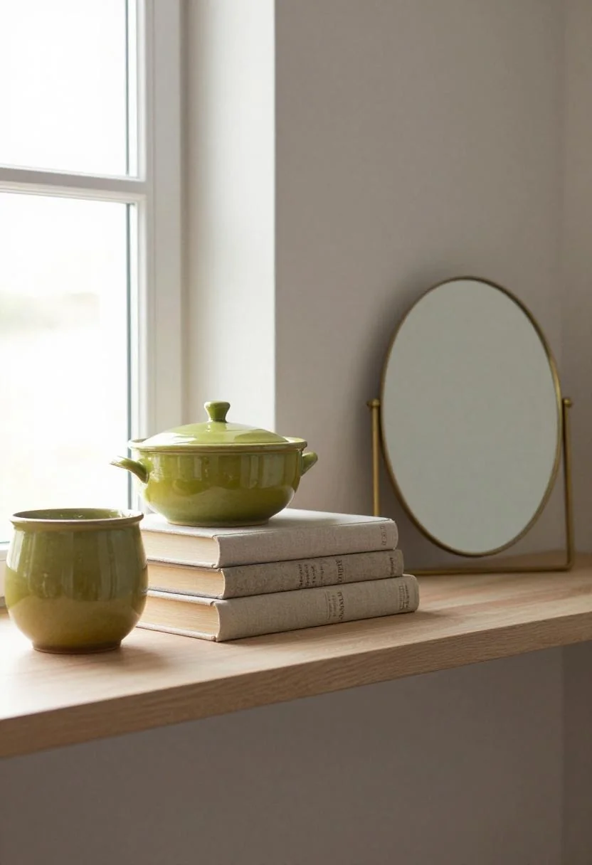 Maximalist bedroom shelf styled with a wasabi-glazed ceramic pot, linen books, and brass mirror
