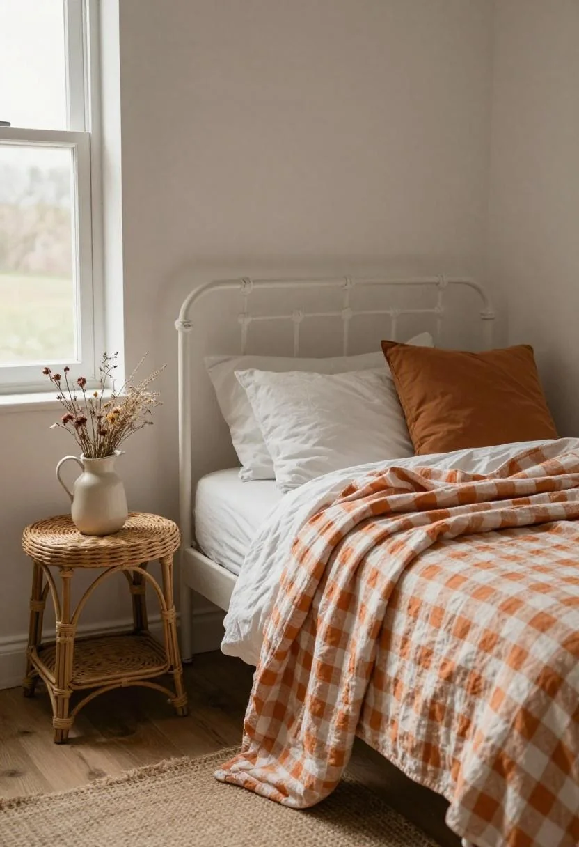 Cottagecore bedroom with persimmon gingham quilt on an iron bed and wildflowers in a ceramic pitcher