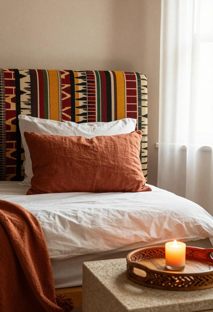 Afrohemian bedroom with terracotta linen pillow against a kente-stripe woven headboard and carved acacia tray