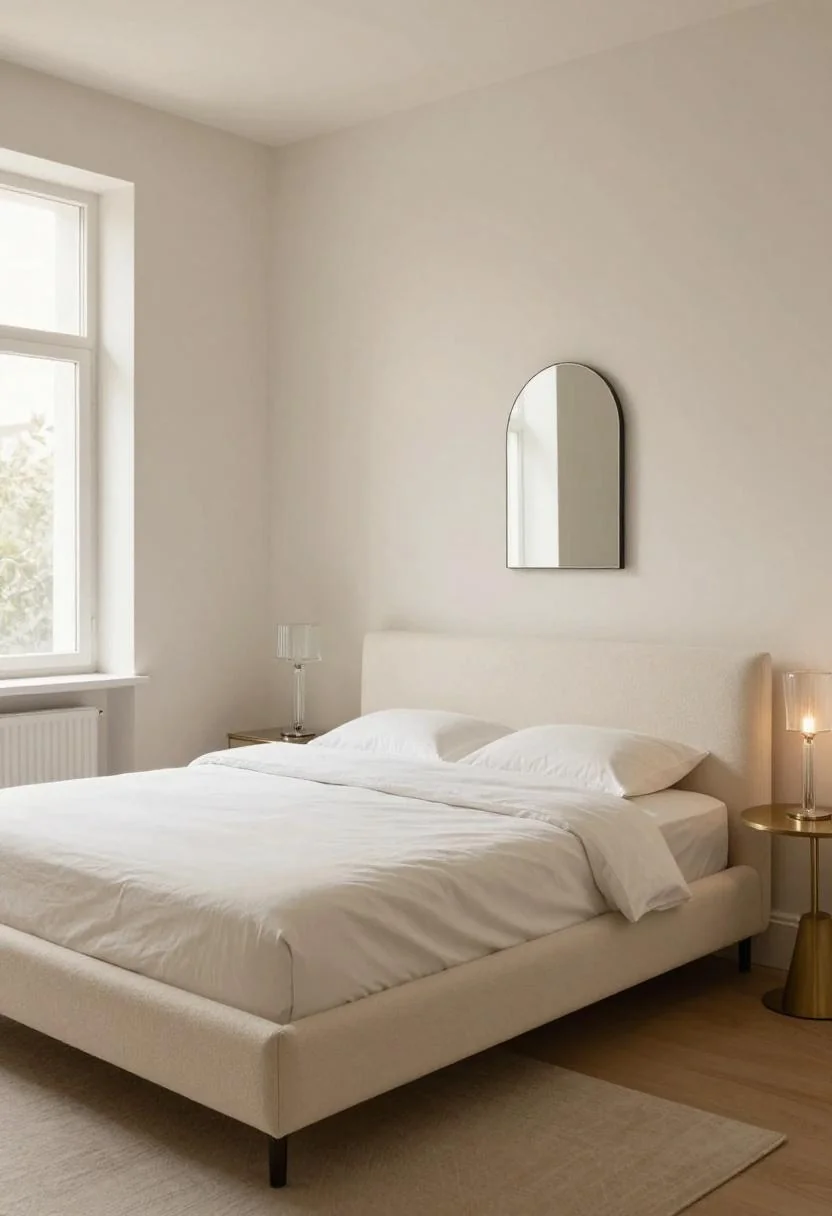 Minimalist Neo Deco bedroom with cream boucle bed, fluted glass lamp, and arched brass-framed mirror