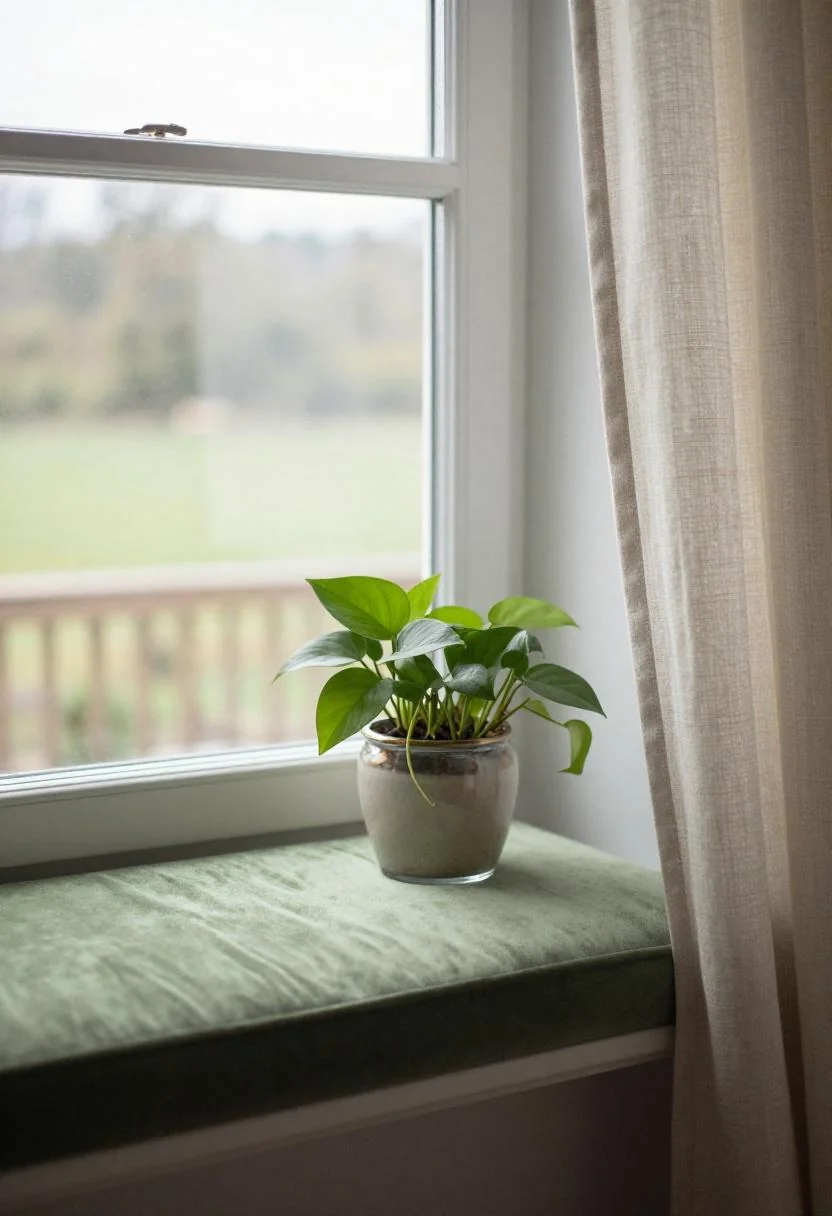 Cottagecore bedroom window nook with sage green velvet cushion and trailing pothos in a glazed ceramic pot