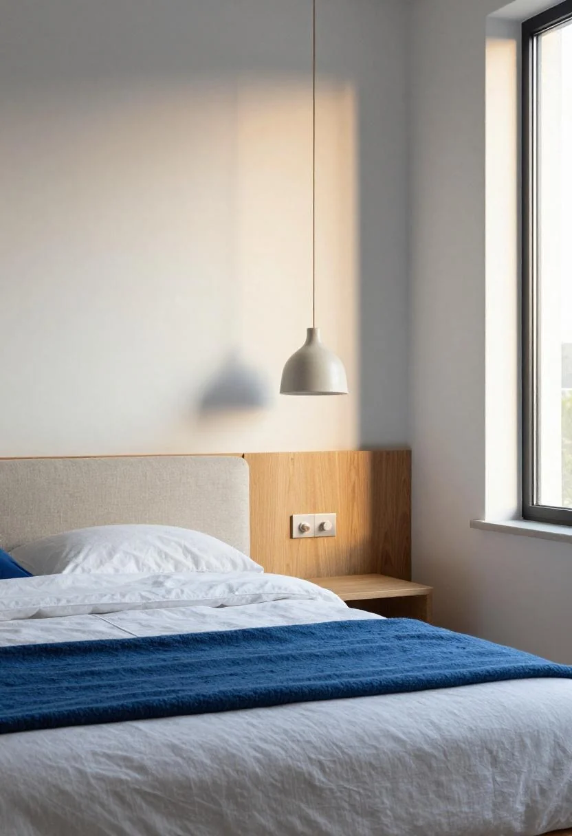 Bold color bedroom with cool blue wool throw at the foot of an oak platform bed and ceramic pendant light