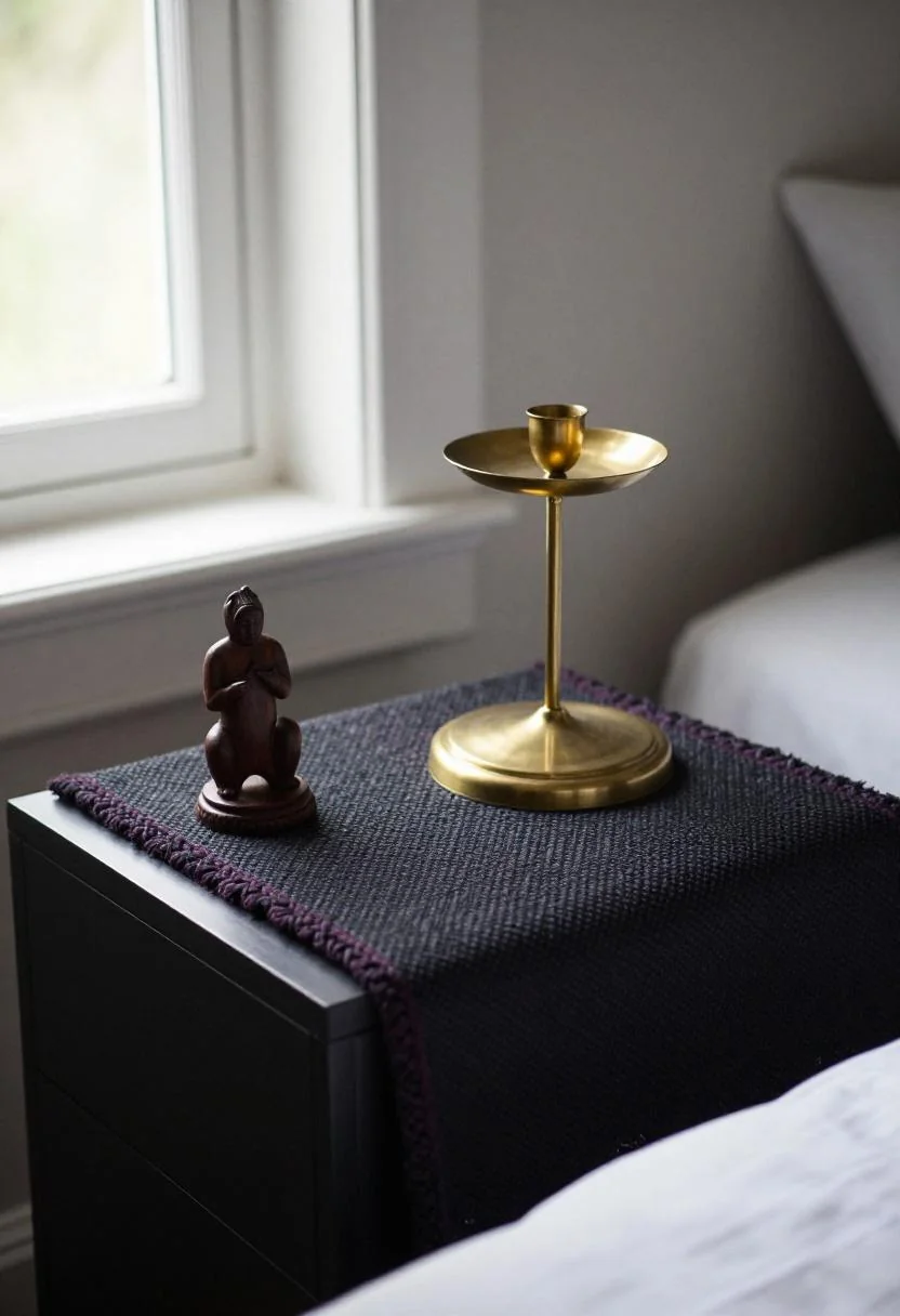 Afrohemian nightstand with plum noir woven textile runner, brass candleholder, and carved ebony figurine