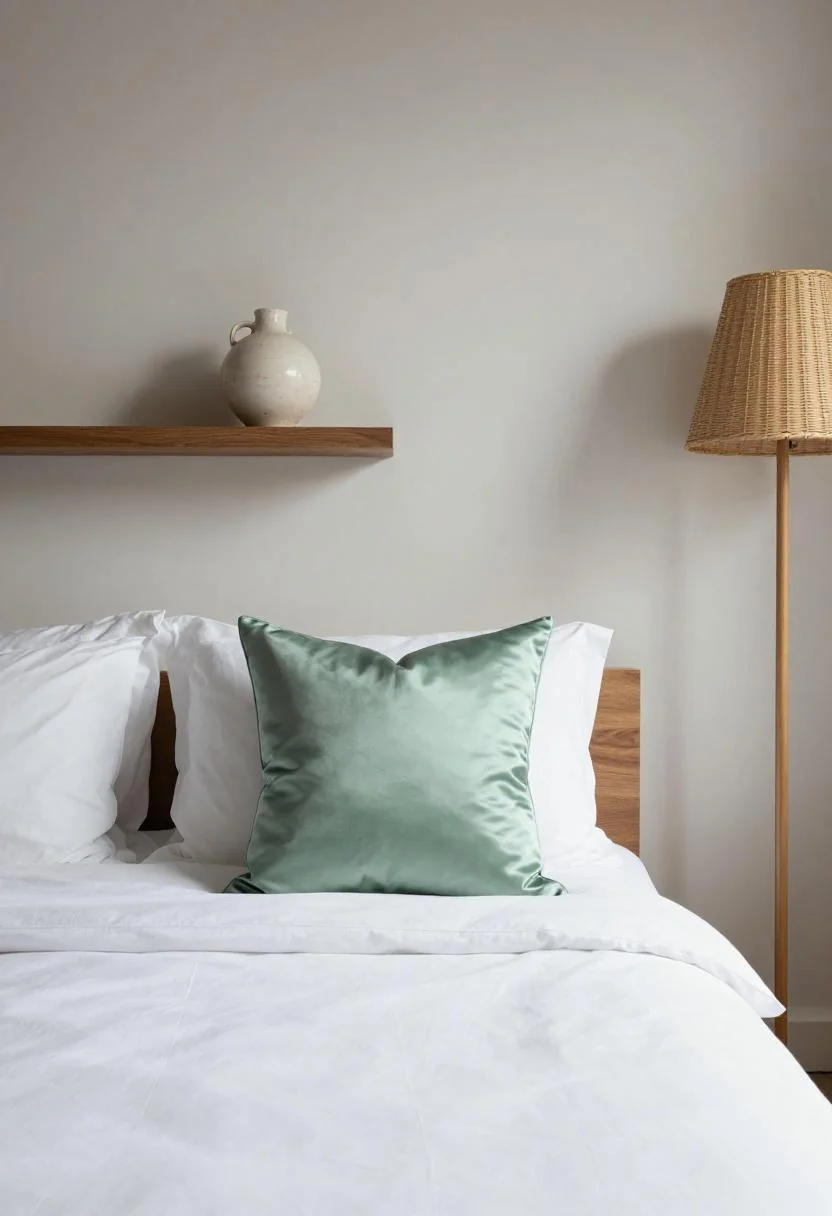 Maximalist-meets-minimal bedroom with jade green silk pillow, rattan floor lamp, and walnut floating shelf