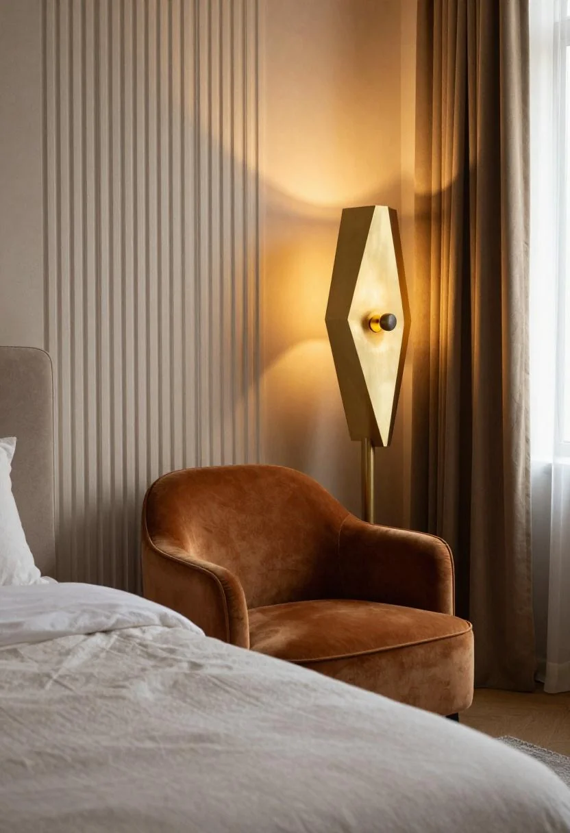 Neo Deco bedroom with persimmon velvet accent chair, brass floor lamp, and fluted plaster wall panel