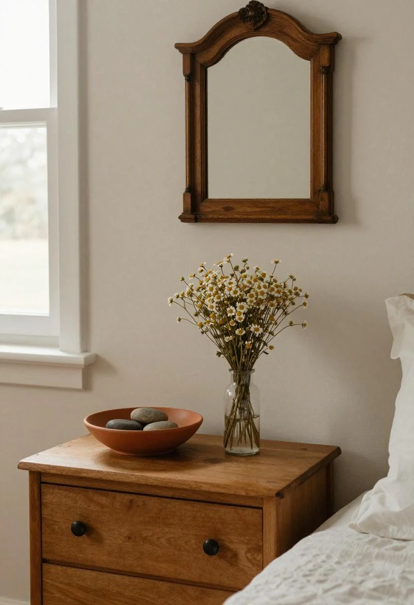 Cottagecore bedroom dresser with terracotta ceramic bowl, dried chamomile bouquet, and pine-framed mirror