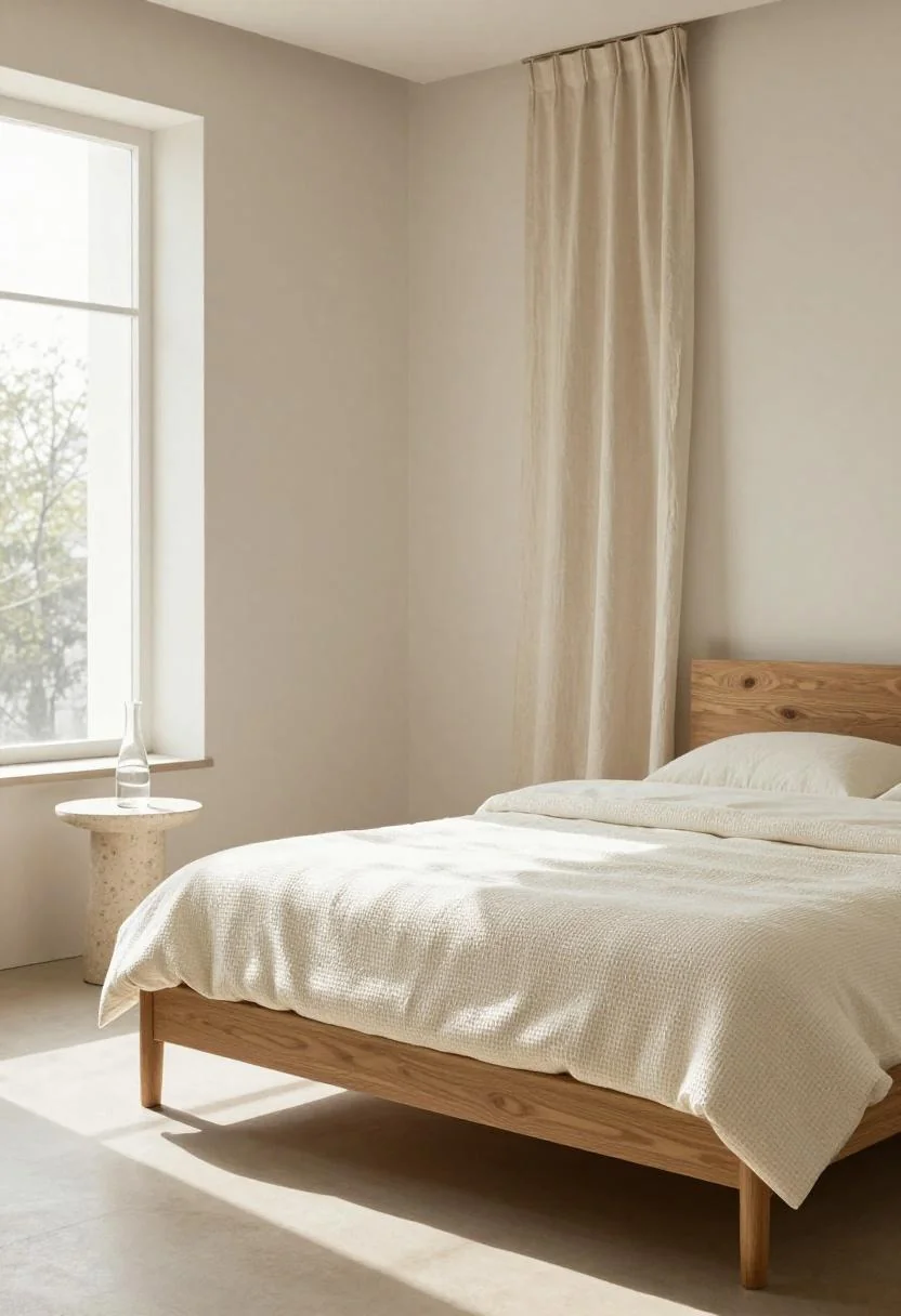 Minimalist bedroom with cream waffle-weave duvet on a birch bed frame and travertine side table with glass carafe