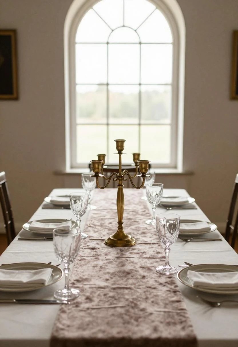 Plum velvet runner with brass geometric centerpiece for Neo Deco wedding tablescape