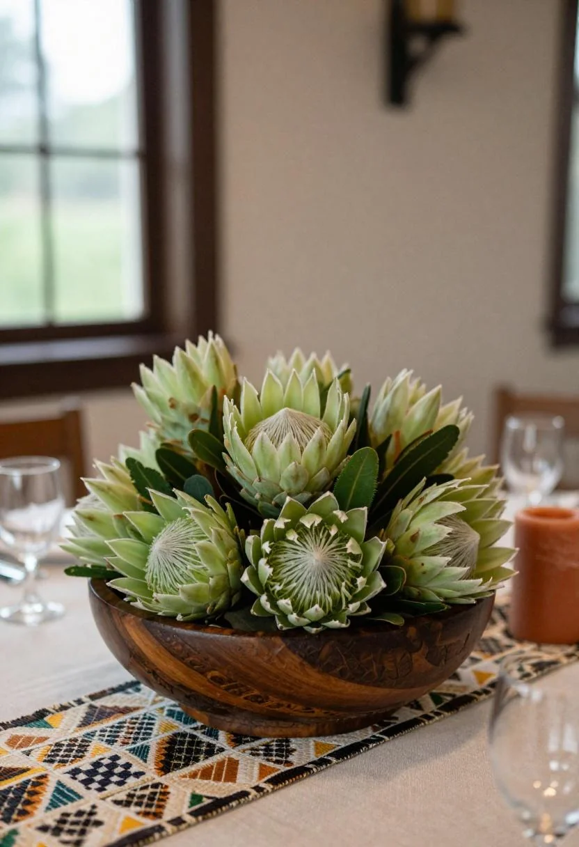 Carved ebony wood base and jade protea flowers as Afrohemian wedding centerpiece