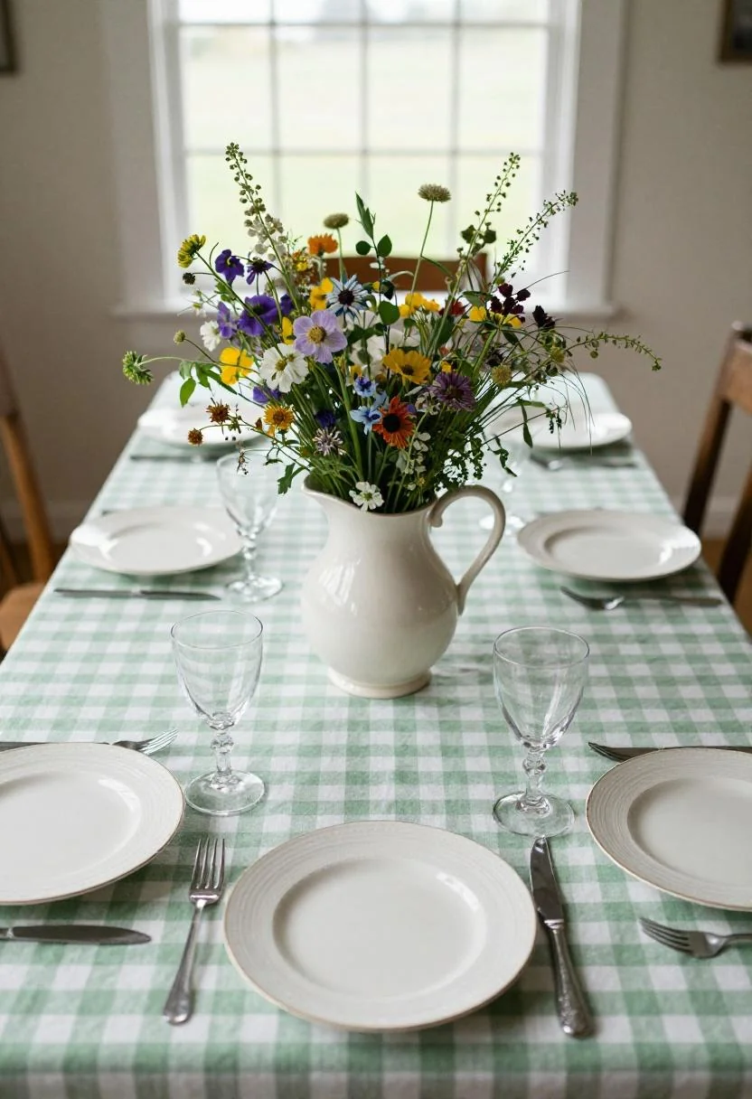 Wasabi yellow gingham tablecloth and wildflower pitcher for Cottagecore wedding table
