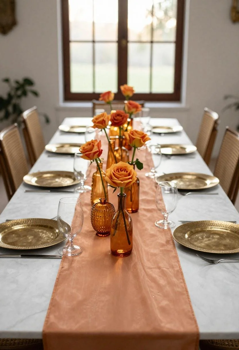Persimmon silk runner with hammered brass charger plates for maximalist wedding table