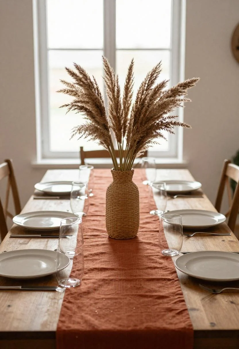 Mudcloth table runner and terracotta ceramic plates for Afrohemian wedding table with earthy elegance