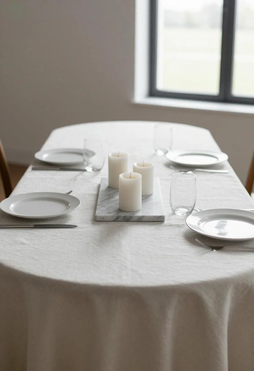 Ivory candles and matte white porcelain plates for minimalist elegant wedding table