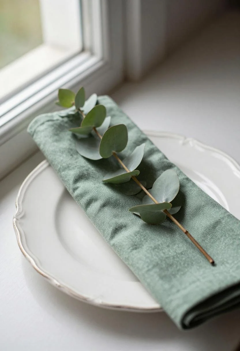 Sage green linen tablecloth with hand-painted ceramic plates for Cottagecore wedding place setting