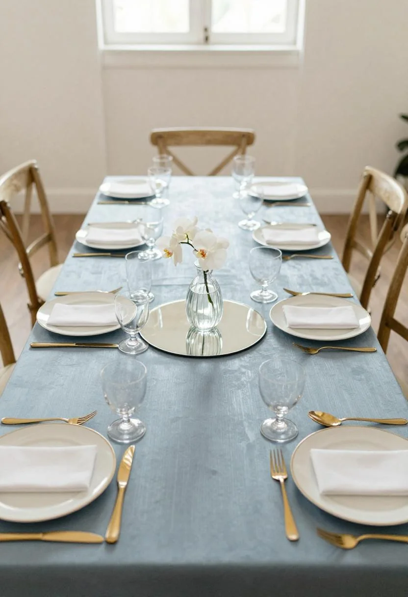 Cool blue lacquer plates and geometric gold flatware for a Neo Deco wedding table