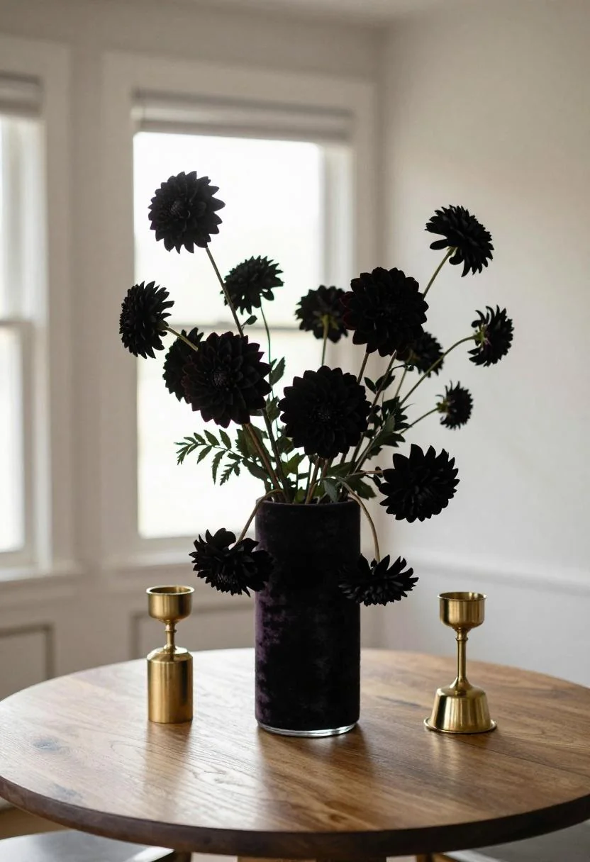 Plum velvet and black dahlia moody maximalist wedding centerpiece