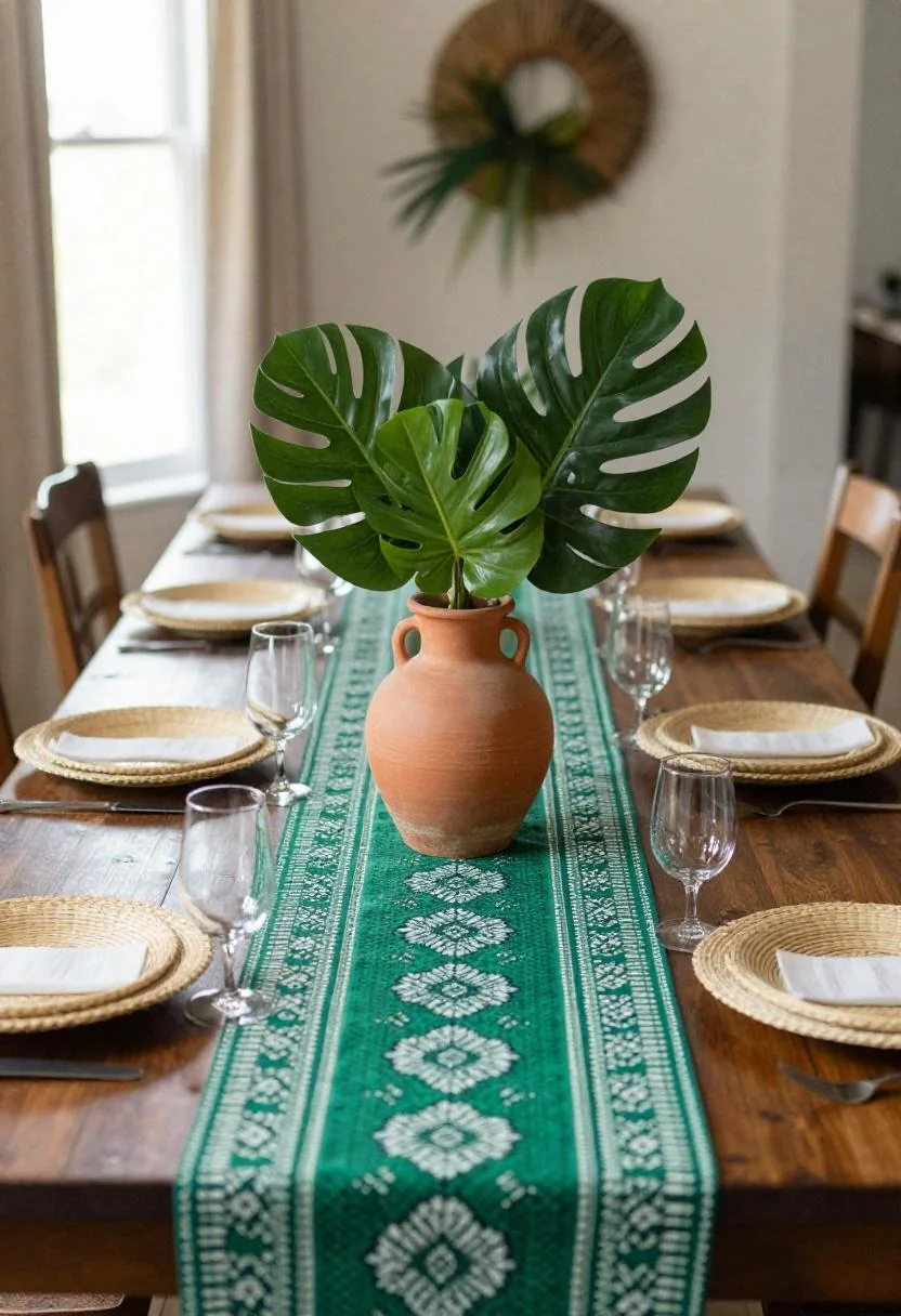 Jade wax-print cotton runner and terracotta vessels for Afrohemian wedding banquet