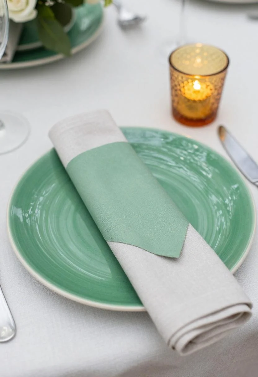 Wasabi glazed ceramic plates and amber glass goblets for a bold modern wedding place setting
