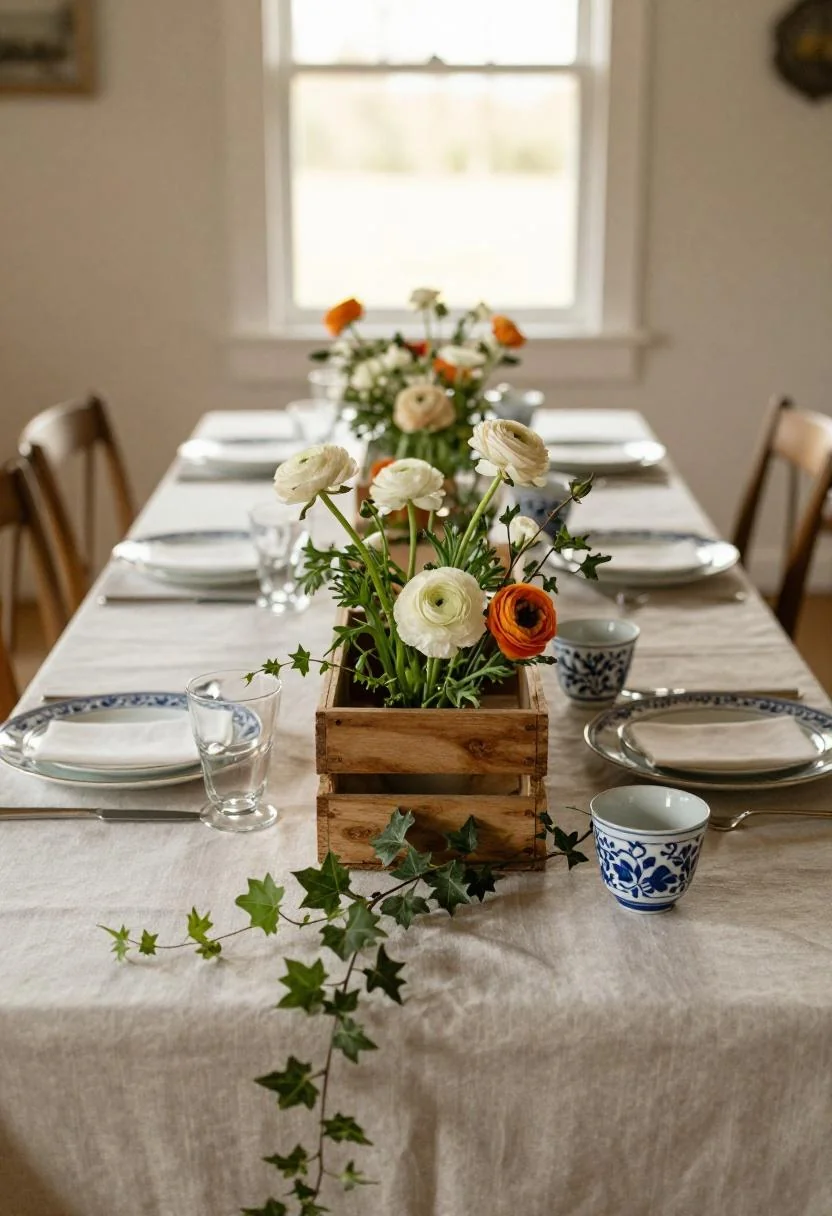 Persimmon linen tablecloth with oak wood crate filled with ranunculus for Cottagecore wedding table