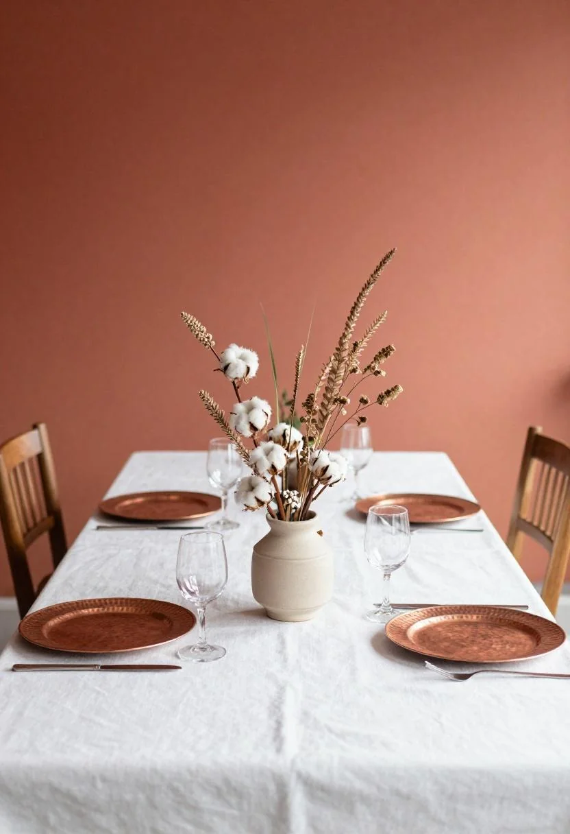 Terracotta plaster wall backdrop with copper charger plates for earthy bold wedding reception table