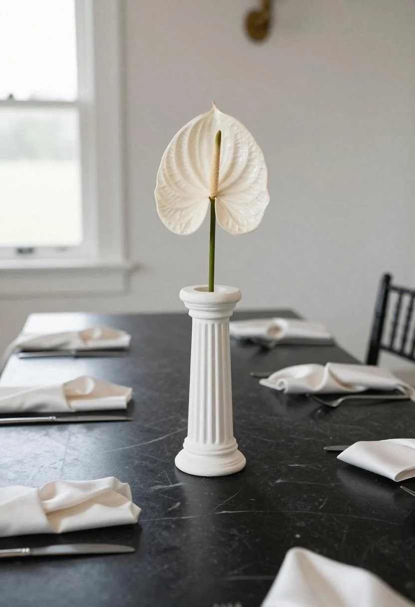 Fluted plaster column centerpiece with black marble slab for Neo Deco wedding table in cream white